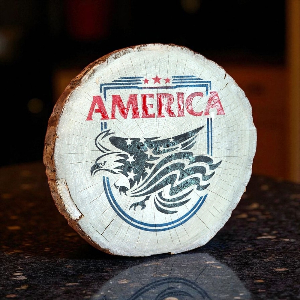 Handpainted American Eagle Sign Patriotic Sign on Wooden Slab